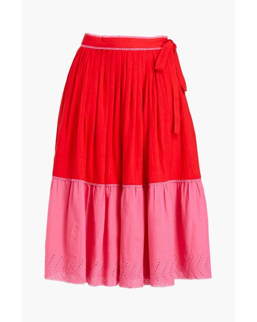 Antik Batik Red Amie Broderie Anglaise-trimmed Cotton-gauze Midi Skirt