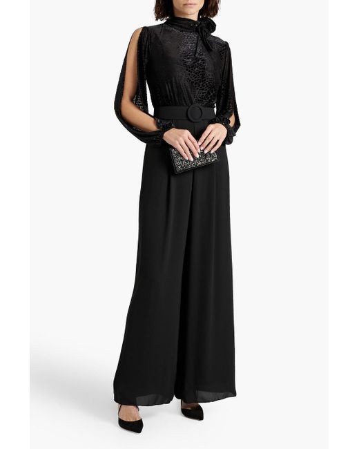Mikael Aghal Black Belted Devoré-velvet And Crepe Wide-leg Jumpsuit