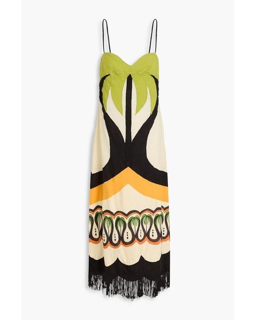 Farm Rio Metallic Fringed Bead-embellished Embroidered Linen-blend Midi Dress