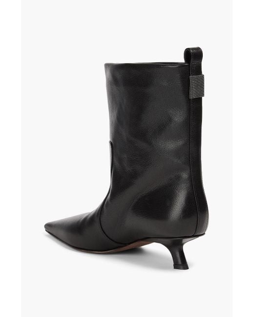 Brunello Cucinelli Black Bead-Embellished Leather Ankle Boots