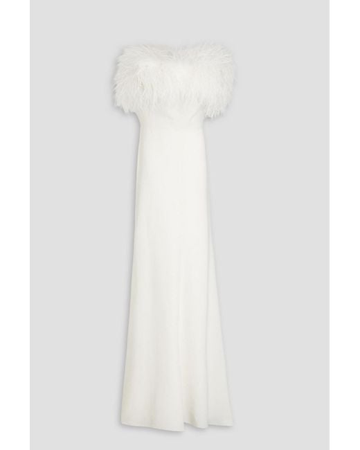 Jenny Packham White Strapless Feather-embellished Crepe Gown