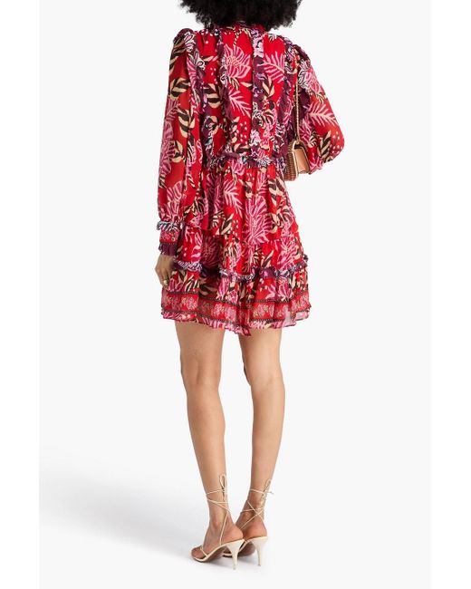 Farm Rio Red Ruffled Printed Gauze Mini Shirt Dress