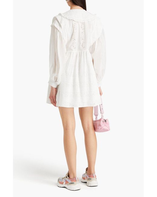 Claudie Pierlot White Minikleid aus baumwolle mit rüschen und lochstickerei