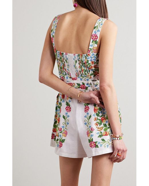 Farm Rio White Belted Shirred Floral-print Linen-blend Playsuit