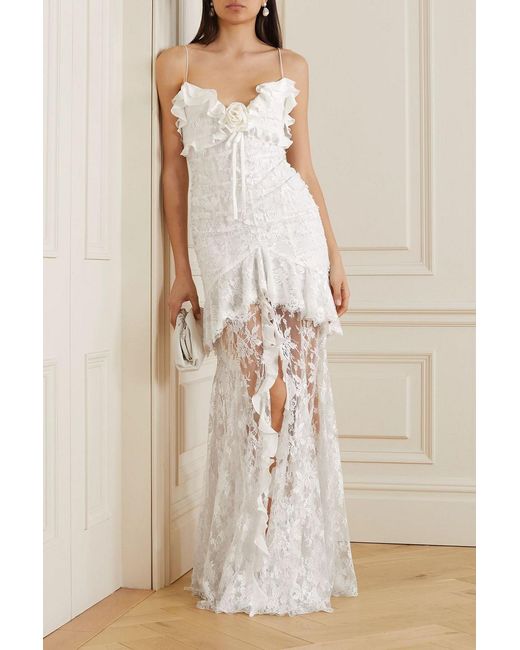 Alessandra Rich White Embellished Ruffled Cotton-blend Lace Gown