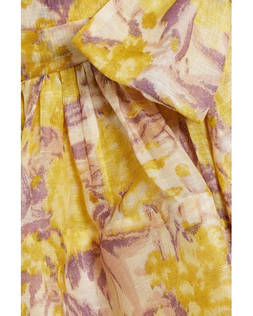 Zimmermann Yellow Bow-detailed Floral-print Linen And Silk-blend Mini Dress