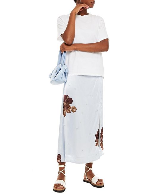 Ganni White Ruched Floral-Print Satin Midi Skirt