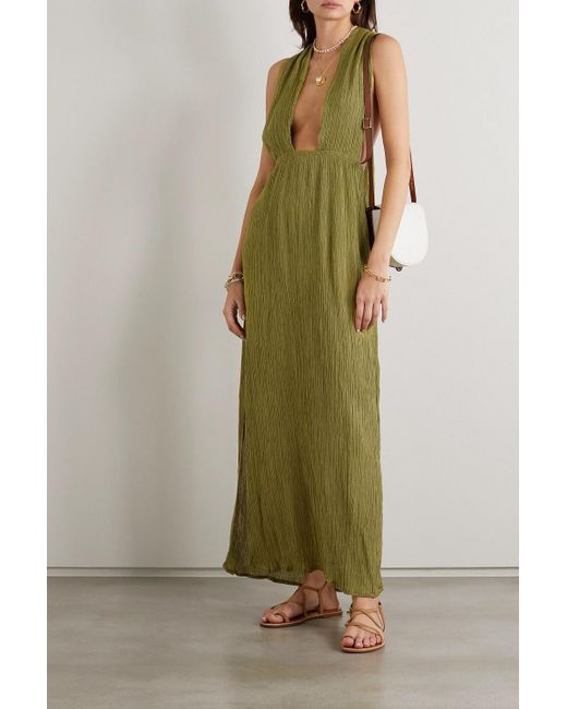 Savannah Morrow Verita Open-back Crinkled Silk And Bamboo-blend Halterneck Maxi  Dress in Green | Lyst