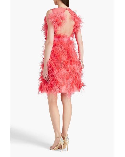 Huishan Zhang Red Halle Feather-trimmed Silk-organza Dress