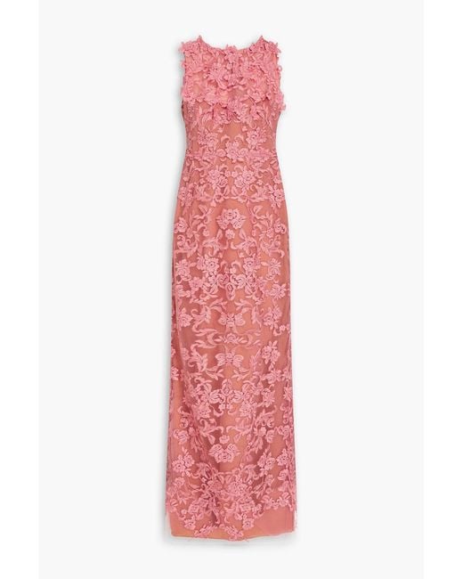 Marchesa Pink Floral-Appliquéd Corded Lace Gown