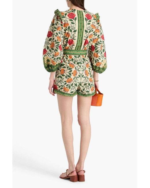 Farm Rio Natural Ruffled Floral-print Cotton Playsuit