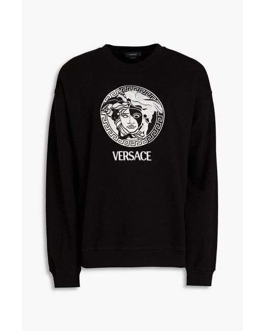 Versace Black Embroidered Cotton-fleece Sweatshirt for men
