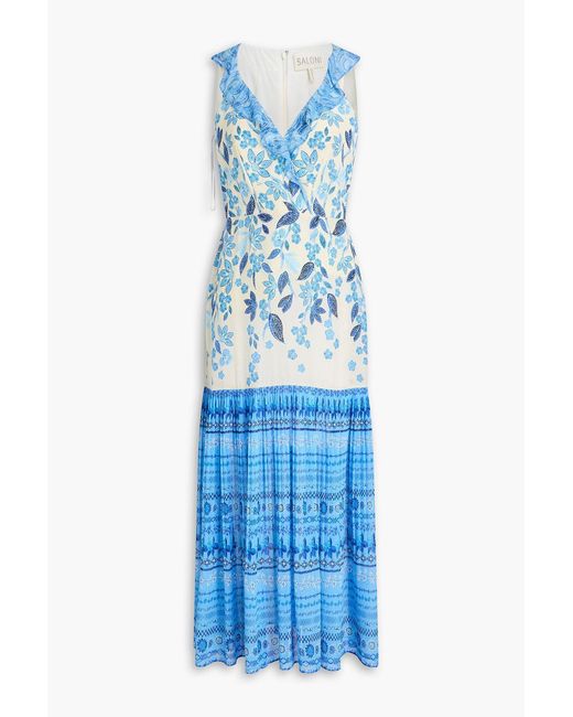 Saloni Blue Amy Ruflled Floral-Print Silk Crepe De Chine Midi Dress