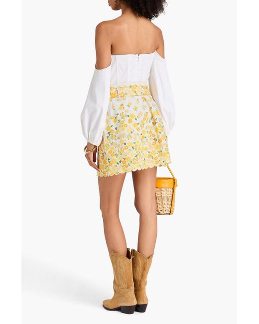 Farm Rio Metallic Belted Floral-print Denim Mini Skirt