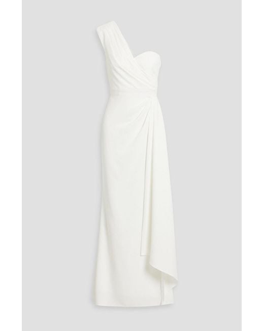 Badgley Mischka White One-Shoulder Draped Crepe Gown