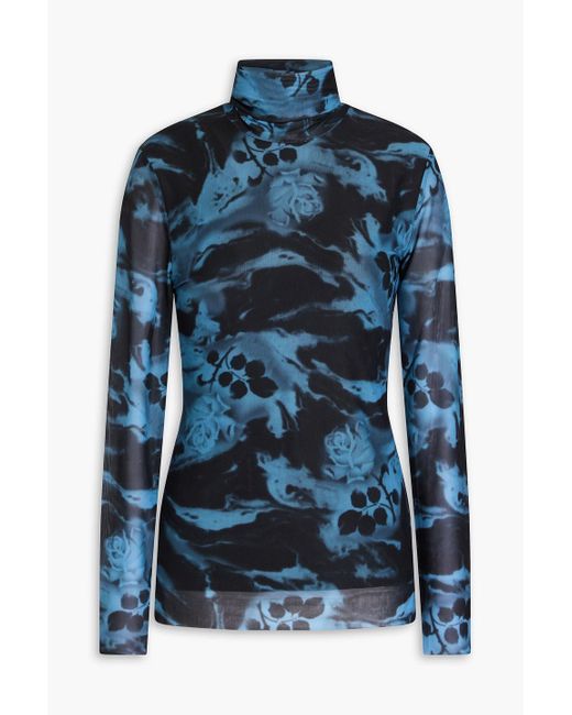 Ganni Blue Printed Mesh Turtleneck Top