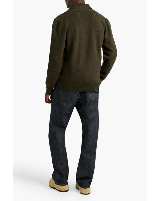 Officine Generale Green Tahar Ribbed Merino Wool Cardigan for men