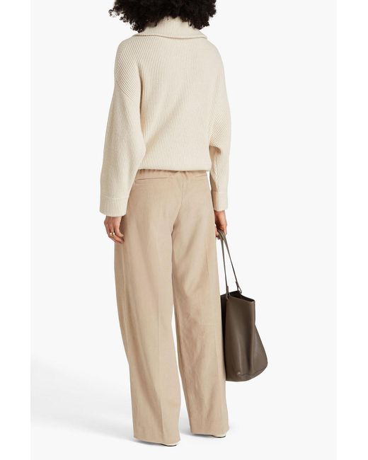 Brunello Cucinelli Natural Bead-embellished Cotton-blend Corduroy Wide-leg Pants