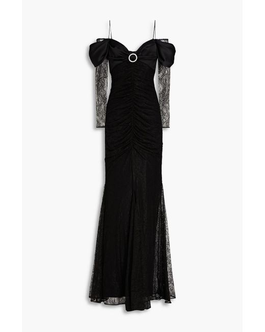 Rasario Black Off-the-shoulder Corded Lace-paneled Satin Gown
