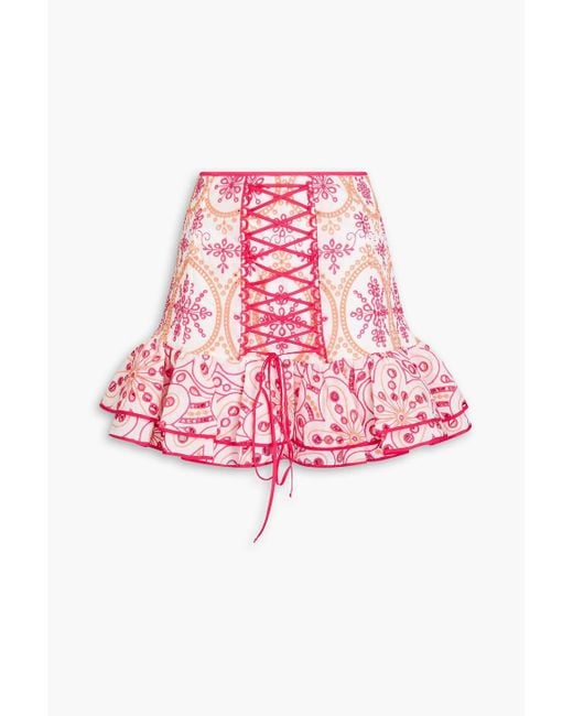 Charo Ruiz Pink Lucrecia Lace-Up Broderie Anglaise Cotton-Blend Mini Skirt