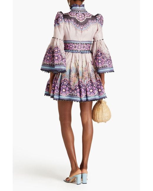 Zimmermann Purple Printed Linen And Silk-blend Mini Dress