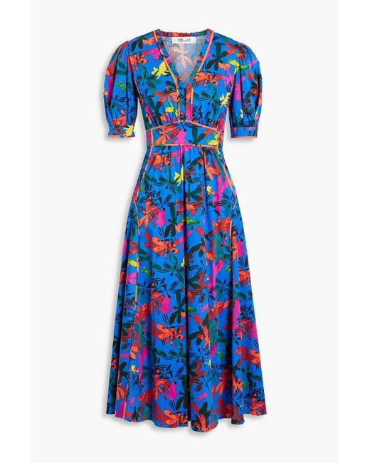 Diane von Furstenberg Blue Devon Printed Cotton-blend Sateen Midi Dress