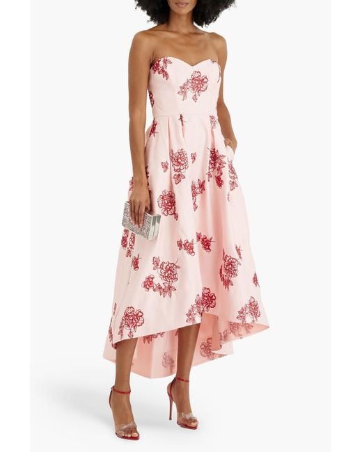 Marchesa Pink Strapless Embroidered Duchesse-satin Maxi Dress