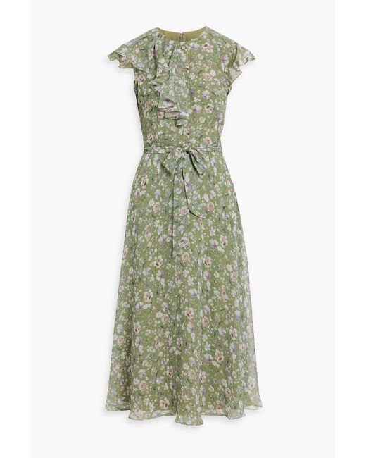 Mikael Aghal Green Ruffled Floral-Print Chiffon Midi Dress