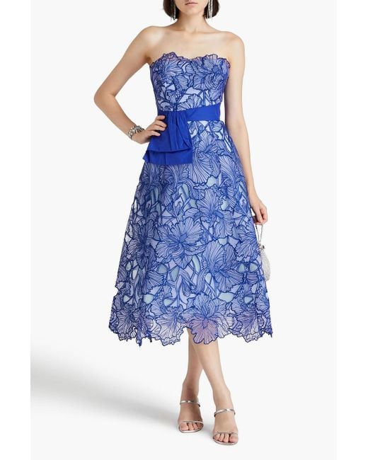 Marchesa Blue Strapless Taffeta-paneled Embroidered Tulle Midi Dress