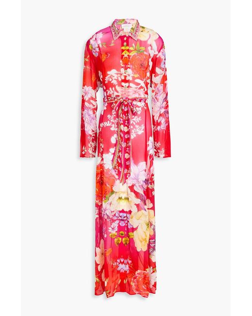 Camilla Red Crystal-Embellished Floral-Print Silk-Georgette Trench Coat