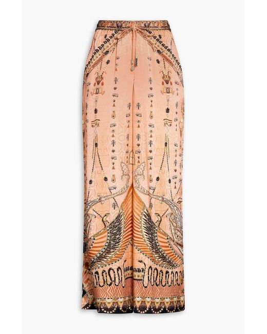Camilla Natural Printed Embellished Silk-Satin Wide-Leg Pants