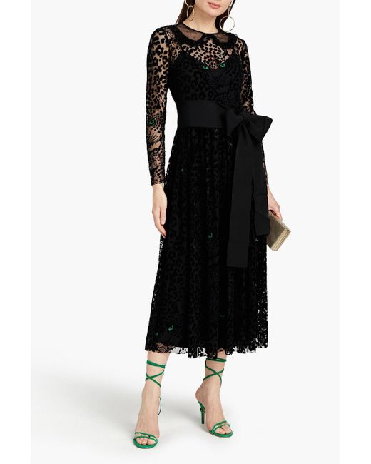 RED Valentino Black Belted Flocked Tulle Midi Dress