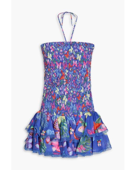Charo Ruiz Blue Cusia Tiered Printed Cotton-Blend Halterneck Mini Dress