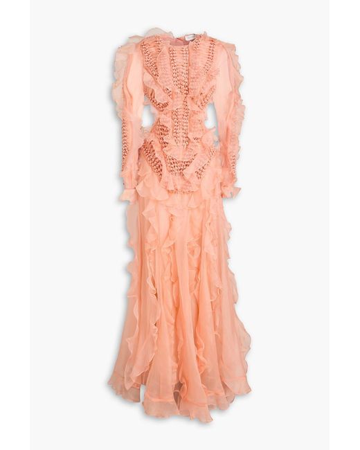Zimmermann Pink Open-Back Ruffled Silk-Organza Maxi Dress