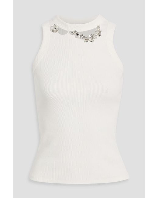 Area White Crystal-Embellished Distressed Ribbed Cotton-Blend Jersey Tank