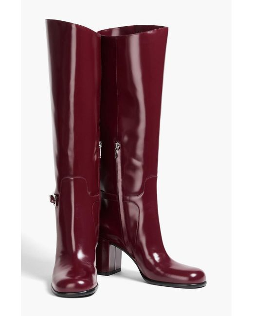Sergio Rossi Red Buckled Glossed-leather Knee Boots