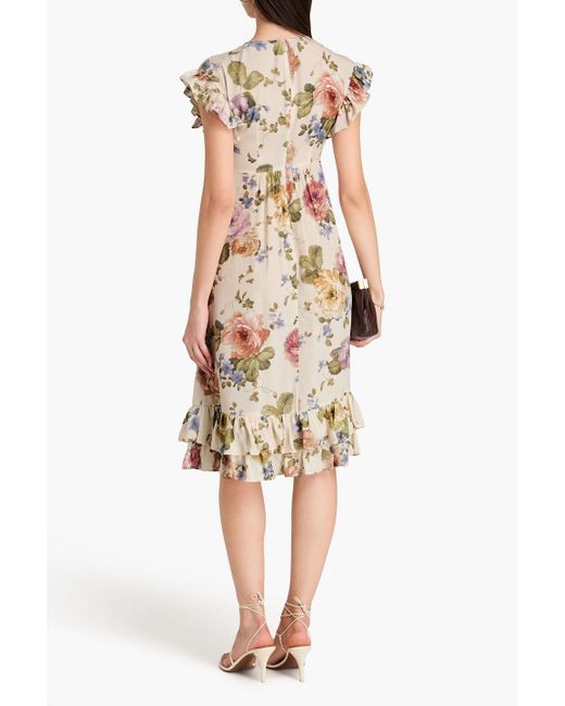 Zimmermann White Ruffled Floral-print Crepe De Chine Midi Dress