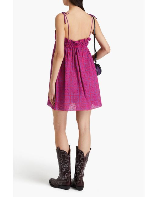 Ganni Pink Minikleid aus baumwolle mit lochstickerei und bindedetail