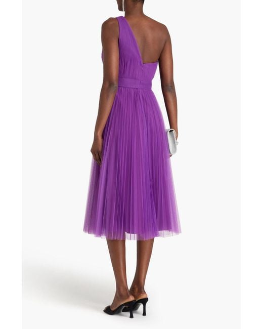 Zac Posen Purple Plissiertes midikleid aus tüll mit asymmetrischer schulterpartie
