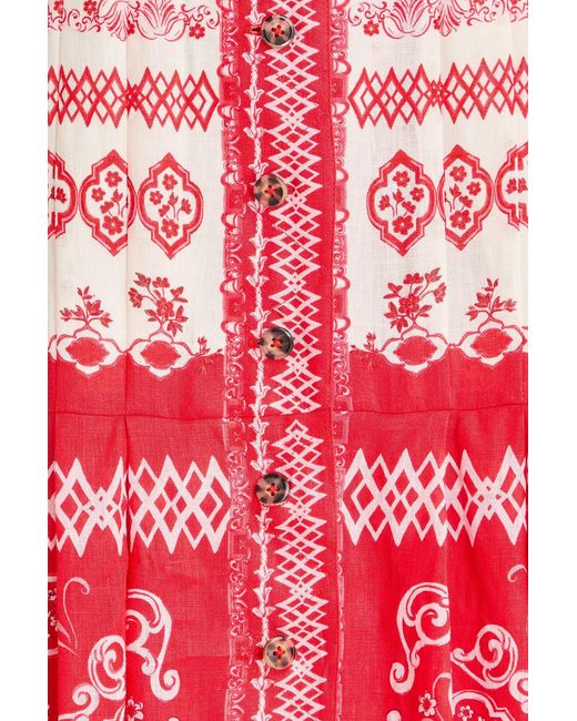 Saloni Red Nya Pleated Floral-Print Linen Midi Shirt Dress
