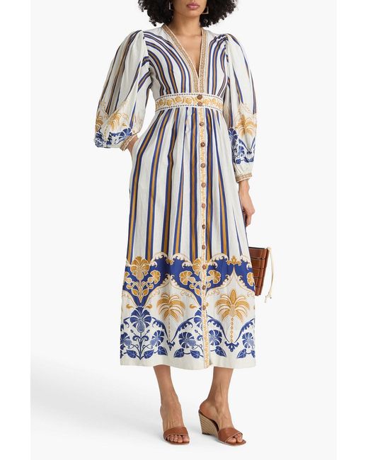 Farm Rio White Embellished Printed Linen-blend Maxi Dress