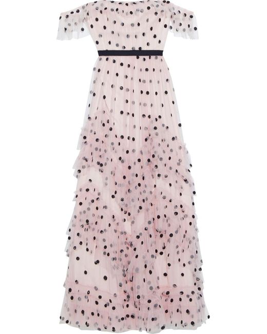 Marchesa notte Pink Tiered Polka-dot Sequin-embellished Tulle Gown