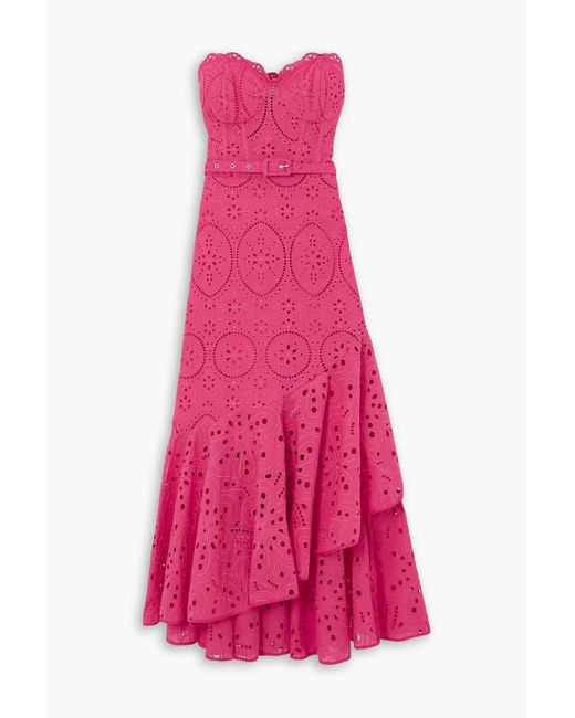 Charo Ruiz Pink Aurora Strapless Ruffled Broderie Anglaise Cotton-blend Midi Dress