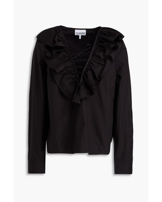Ganni Black Bluse aus baumwollpopeline mit rüschen