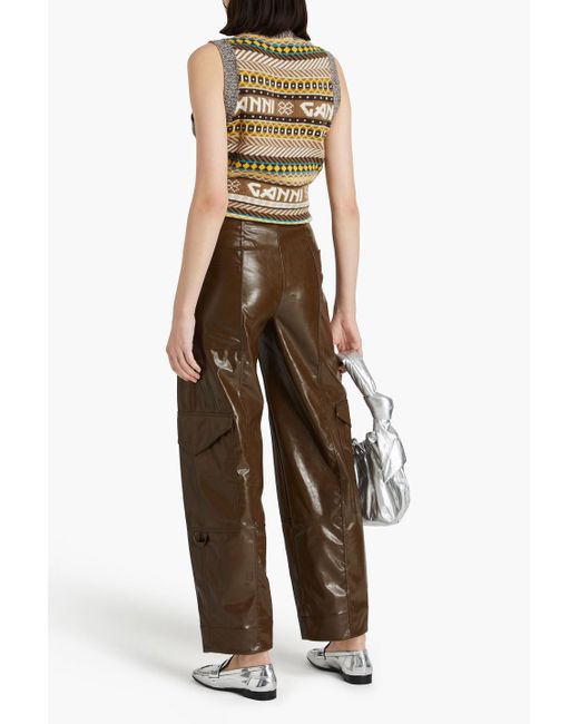 Ganni Brown Glossed Faux Leather Cargo Pants