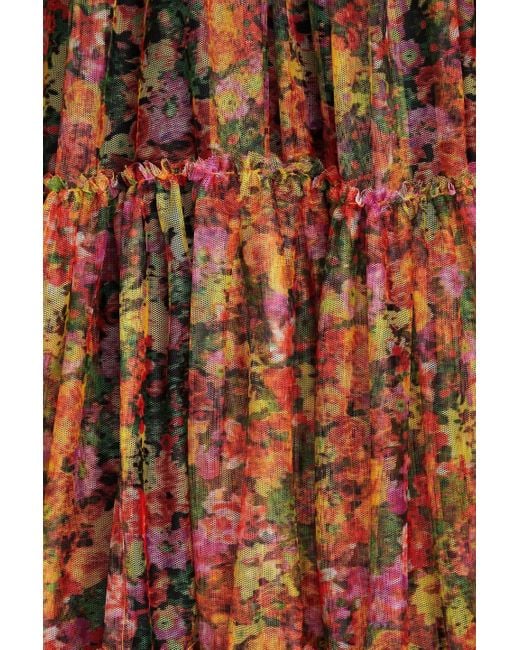 Philosophy Di Lorenzo Serafini Brown Tiered Floral-print Tulle Midi Dress