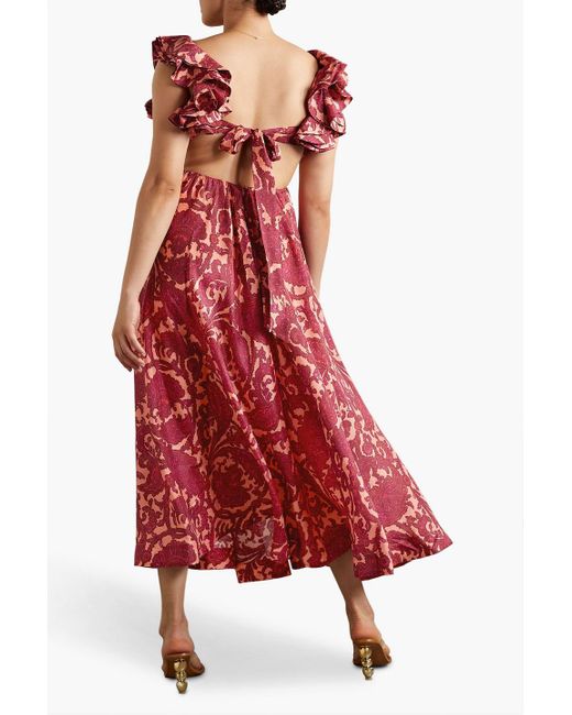 Zimmermann Red tiggy Cutout Ruffled Paisley-print Silk Midi Dress