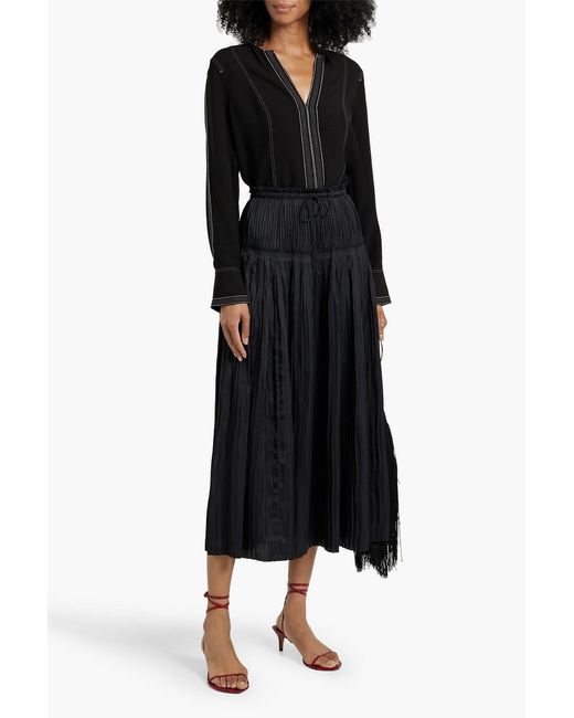 Ulla Johnson Black Malia Pleated Satin Midi Skirt