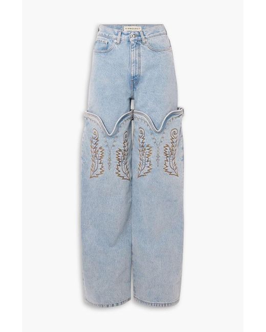 Y. Project Blue Evergreen Convertible Embroidered Wide-leg Jeans