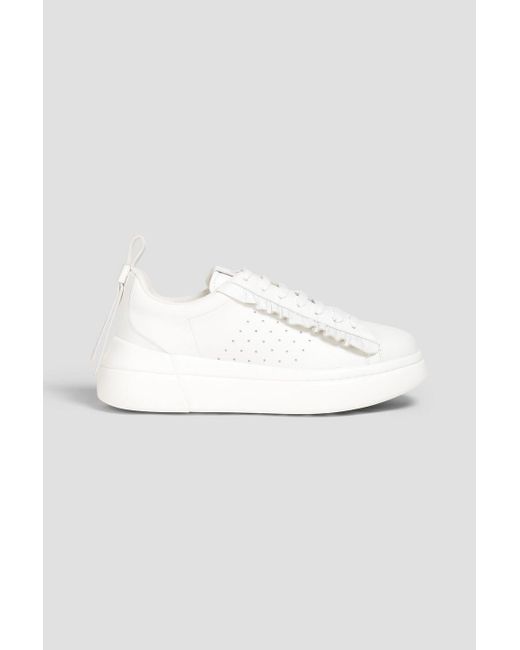 Red(v) White Ruffled Perforated Leather Platform Sneakers